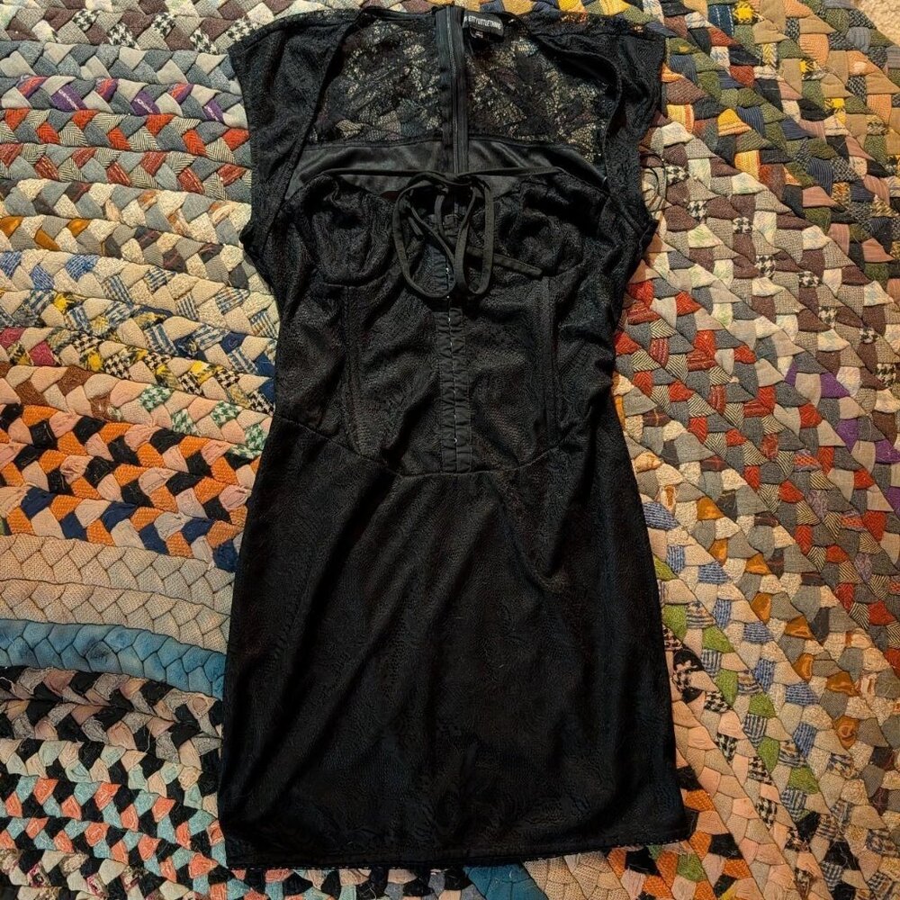 PrettyLittleThing Black lace corset top dress with tie up front and back
